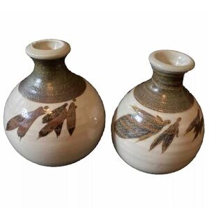 Set of 2 Vtg.  Handmade  Art Pottery Bud Vases Earthy Fall Retro Signed Burtan